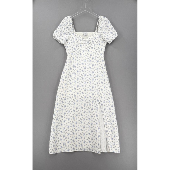 & OTHER STORIES Puff Sleeve Midi Dress Womens 8 White Blue Linen Floral Nap - Picture 2 of 16